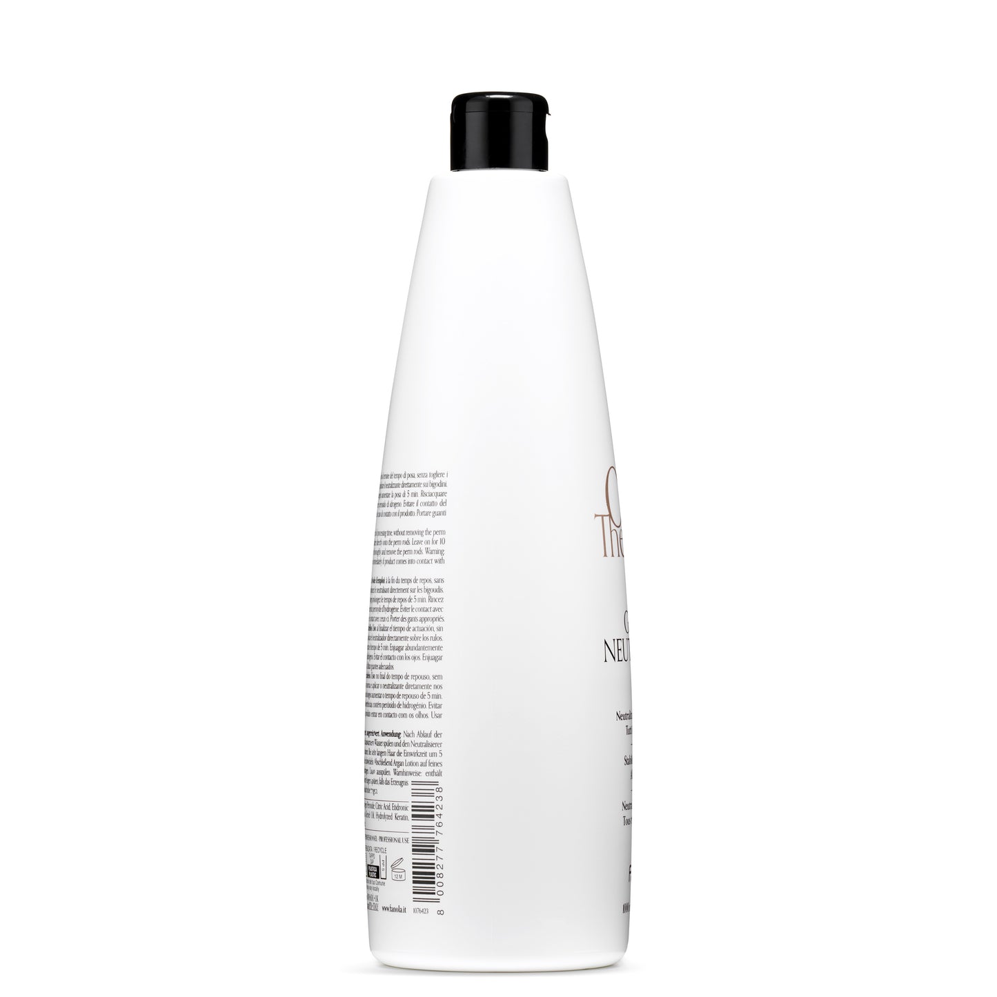 White professional hair care bottle with black cap, showing back label instructions for salon use