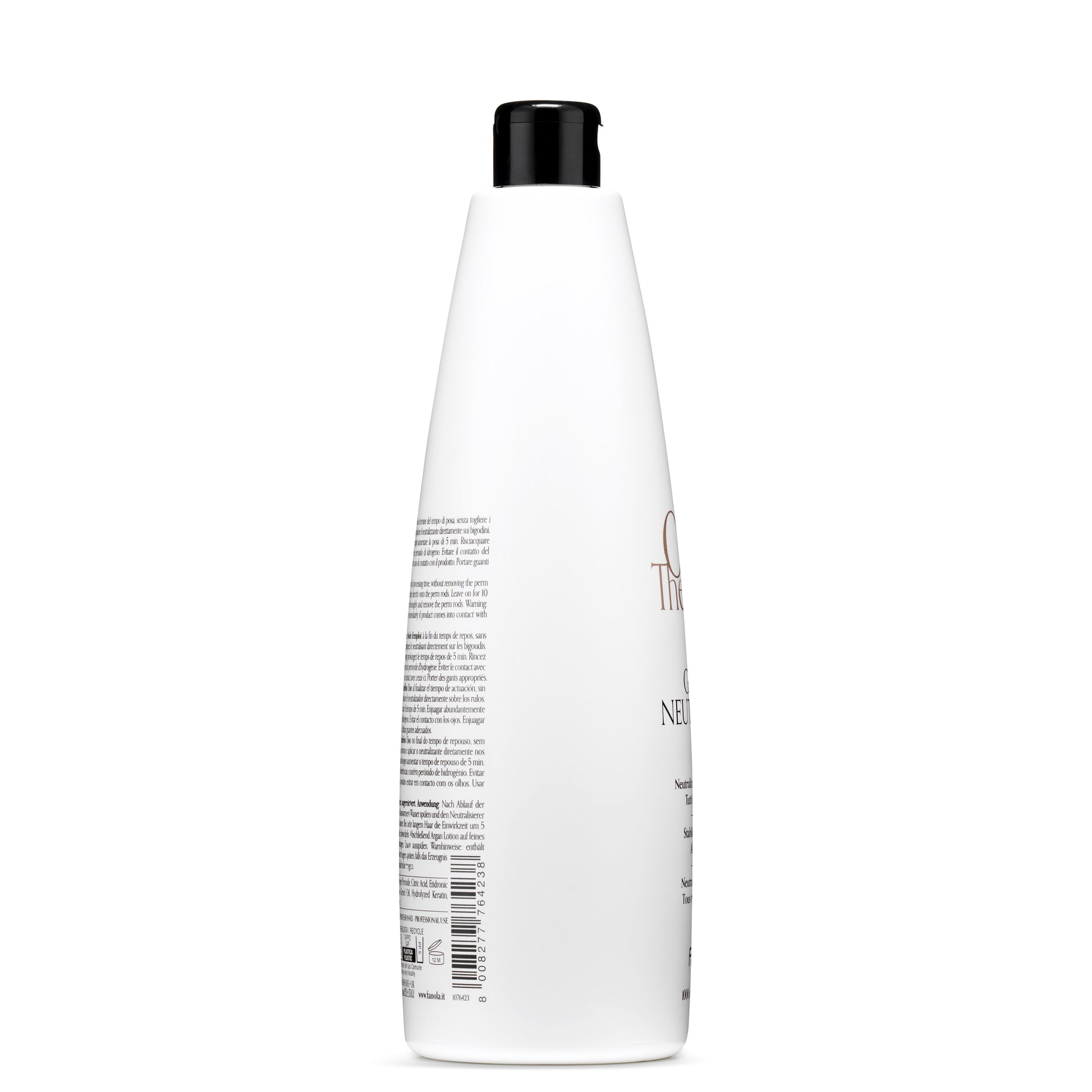 White professional hair care bottle with black cap, showing back label instructions for salon use
