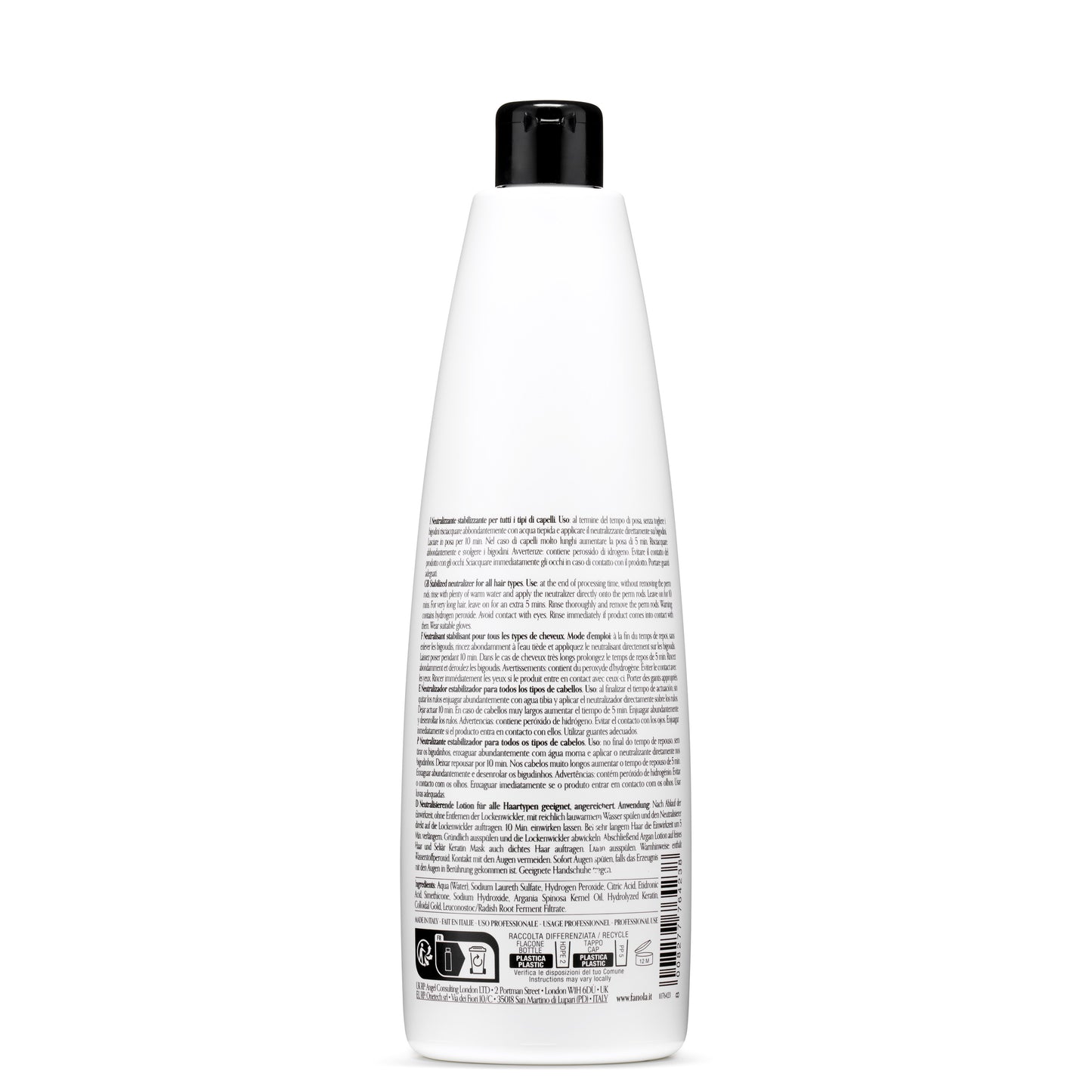White bottle of stabilized neutralizer for all hair types, professional salon use, made in Italy