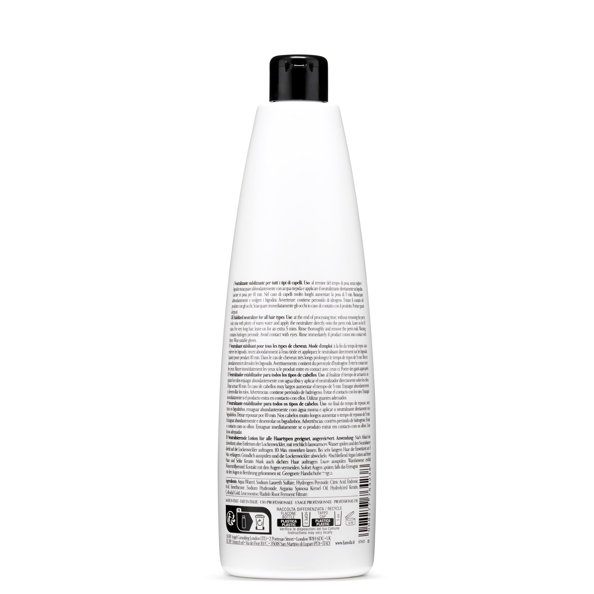 White bottle of stabilized neutralizer for all hair types, professional salon use, made in Italy