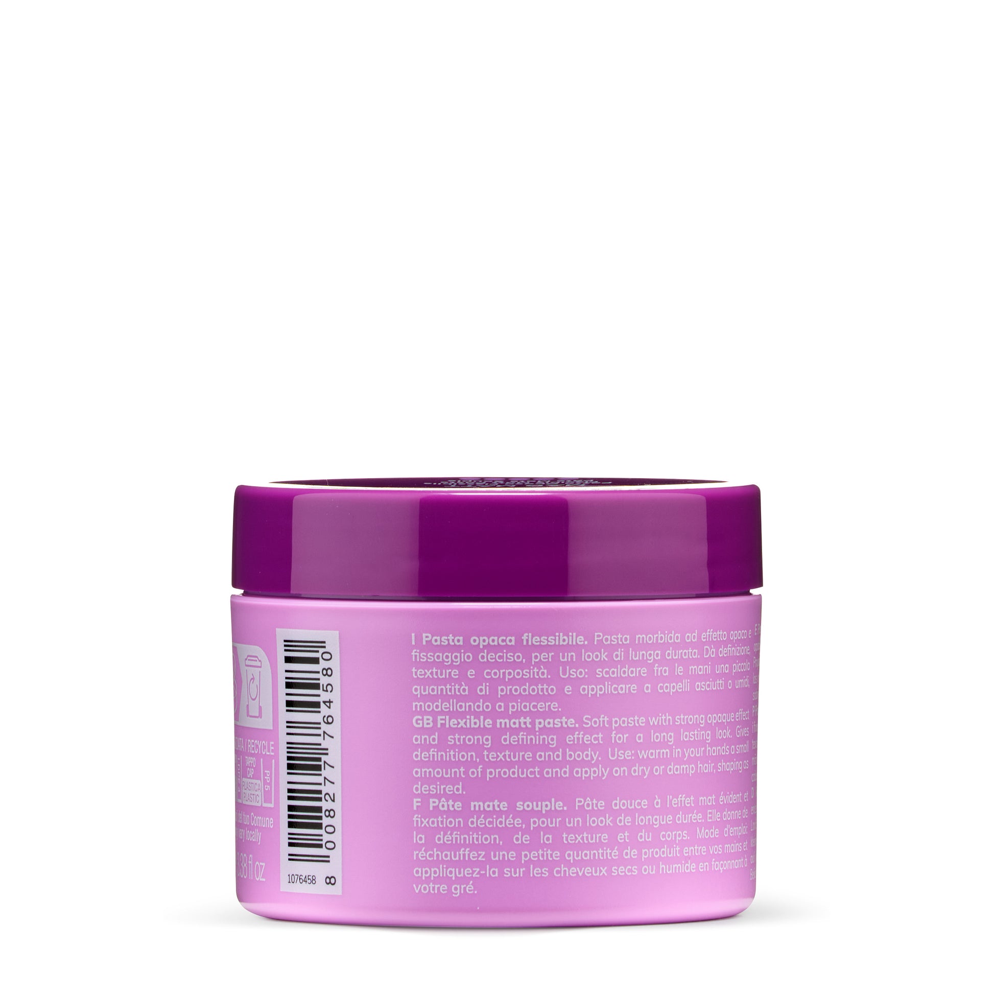 Purple-lidded hair styling paste jar with multilingual instructions, for flexible matte texture and definition