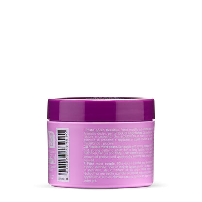 Purple-lidded hair styling paste jar with multilingual instructions, for flexible matte texture and definition