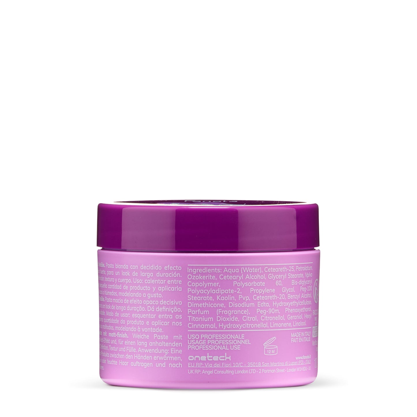 Purple-lidded hair styling paste jar with multilingual instructions, made in Italy for professional use