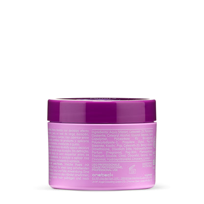 Purple-lidded hair styling paste jar with multilingual instructions, made in Italy for professional use