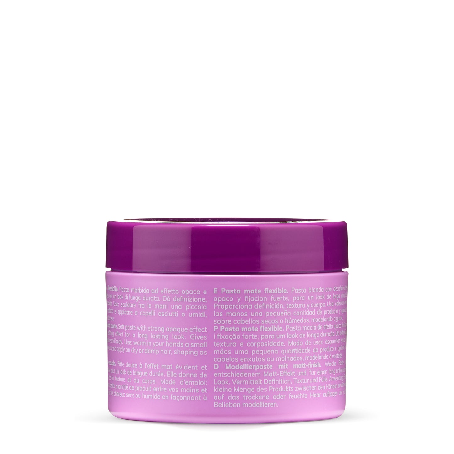 Purple jar of flexible matte hair styling paste with multilingual instructions for texture and definition