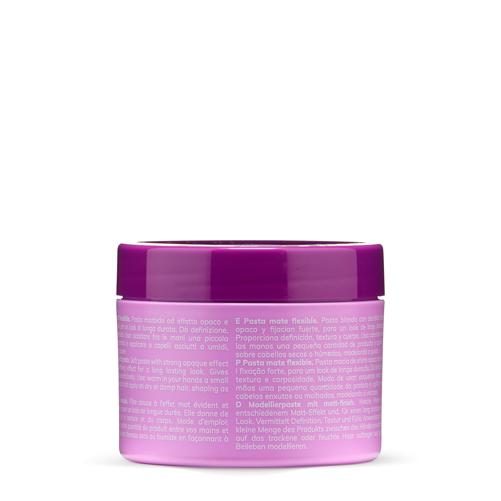 Purple jar of flexible matte hair styling paste with multilingual instructions for texture and definition