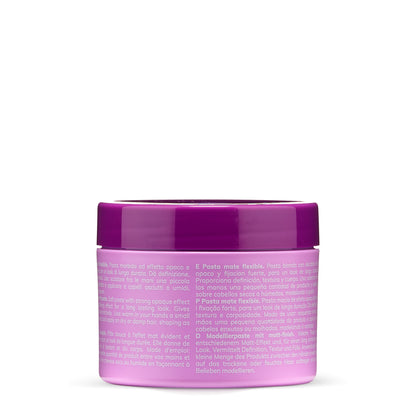 Purple jar of flexible matte hair styling paste with multilingual instructions for texture and definition