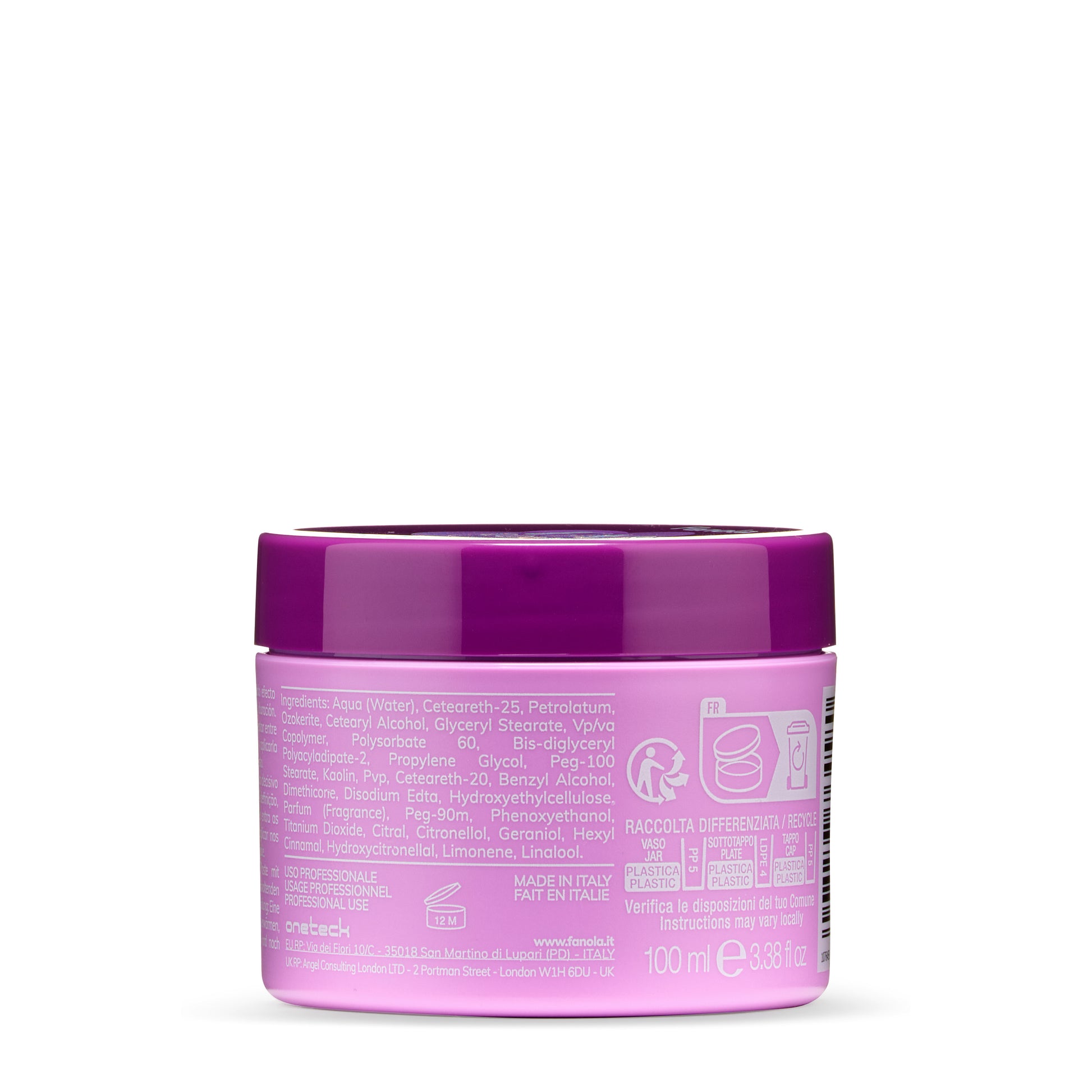 Pink jar with purple lid, 100ml professional beauty product, made in Italy, ingredients listed, recyclable packaging