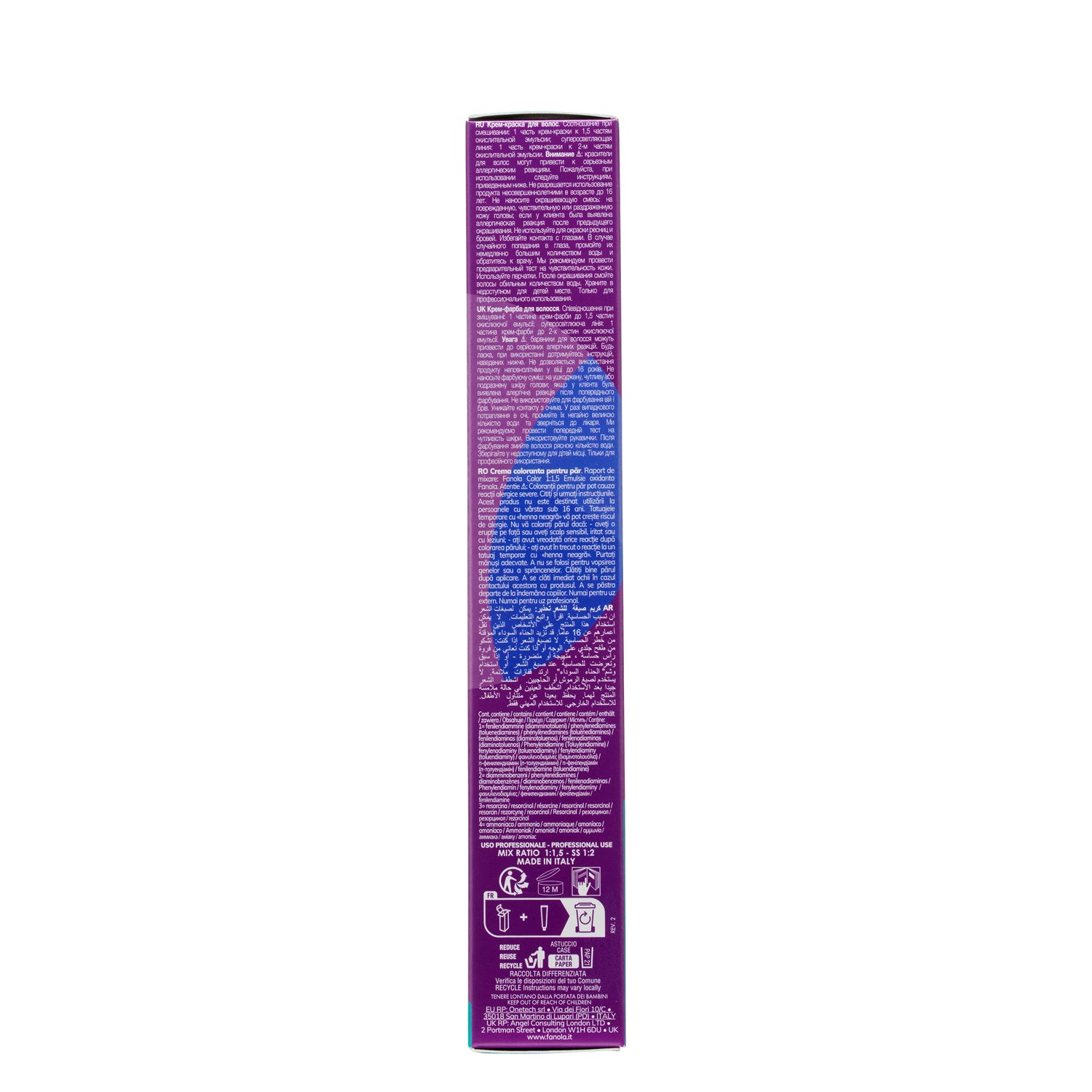 Purple box of Fanola hair color cream with multilingual instructions, professional use, made in Italy