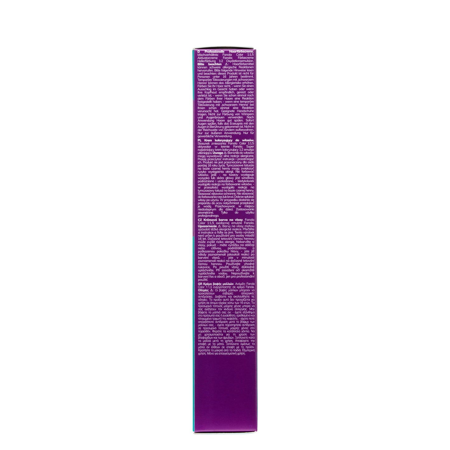 Professional hair dye cream box with multilingual instructions, purple packaging, for salon use