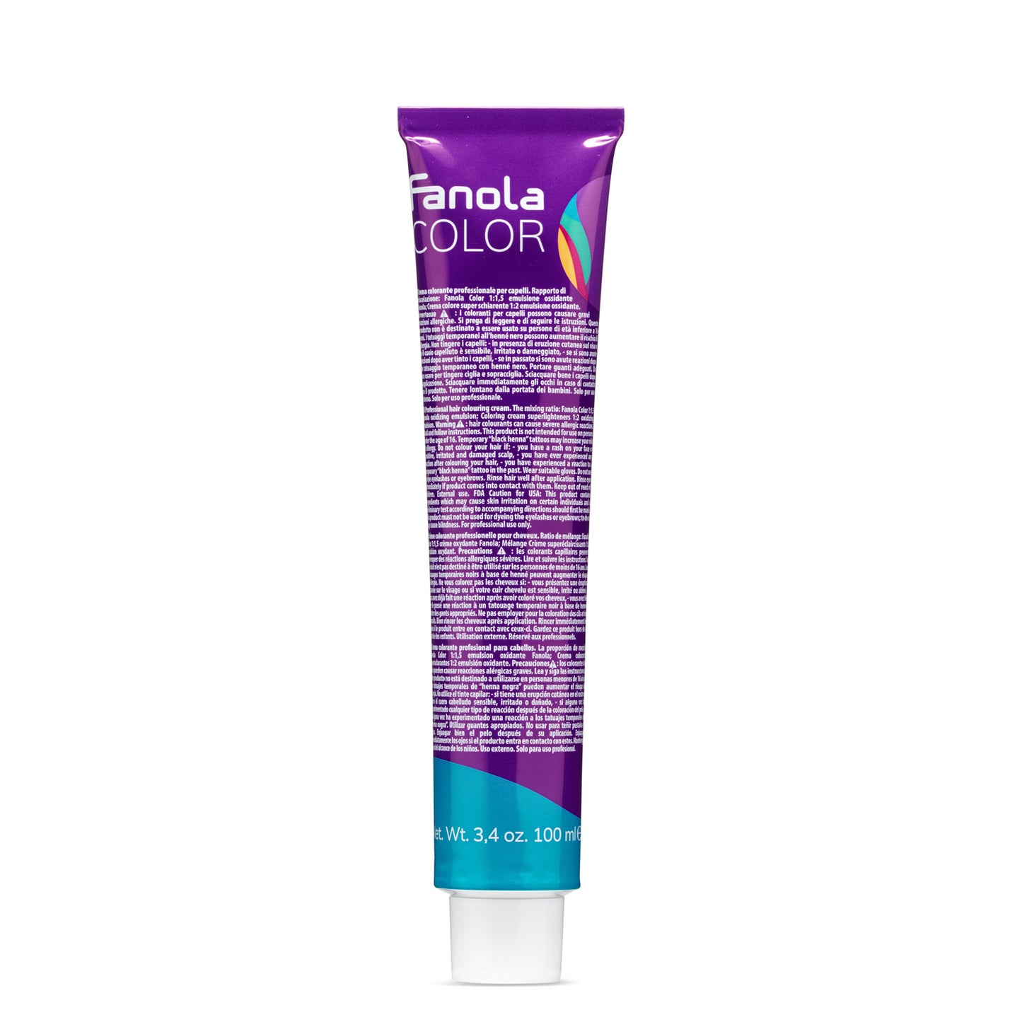 Fanola Color professional hair dye cream tube, 100ml, purple packaging with multilingual instructions