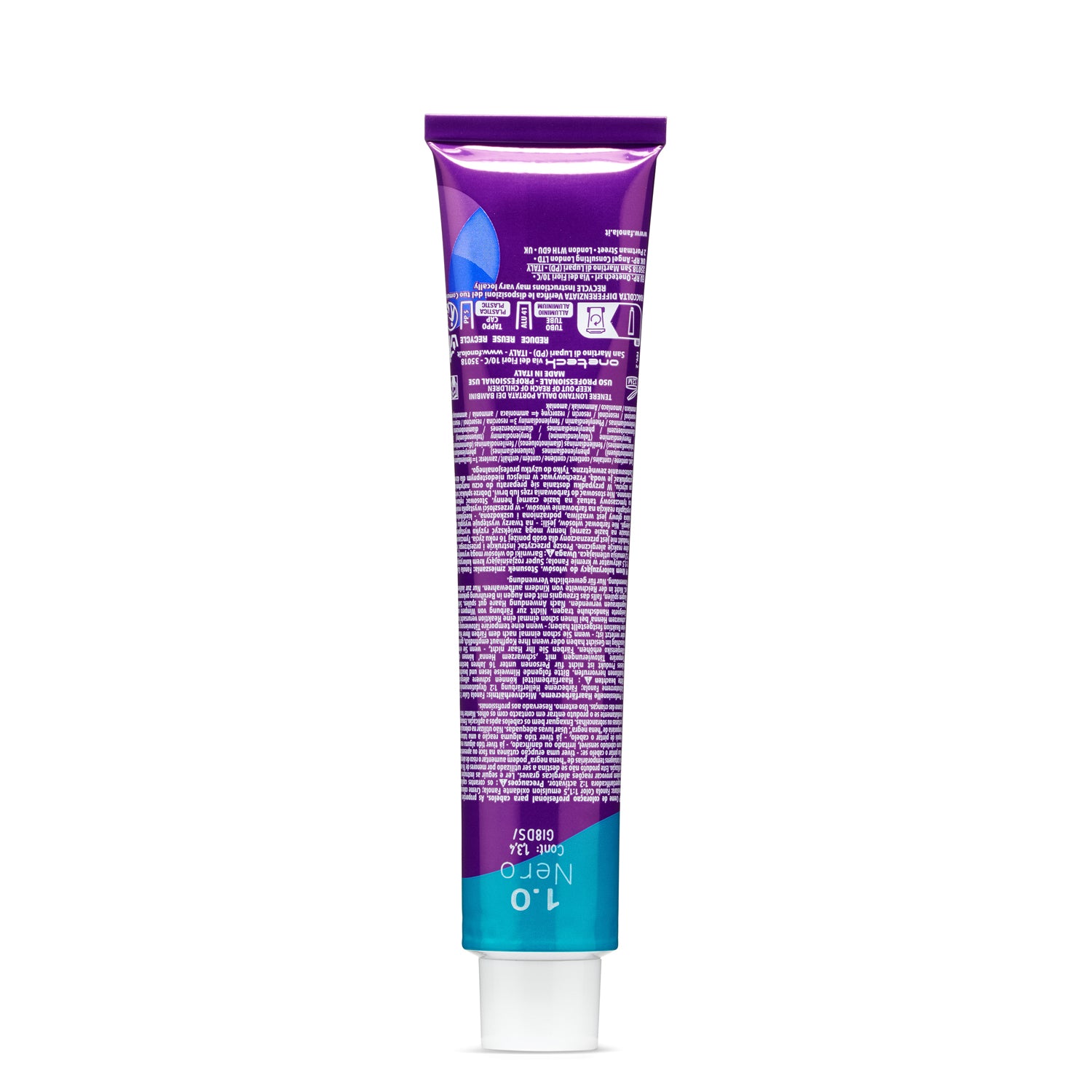 Purple tube of hair dye, shade 1.0 Nero, professional use, made in Italy, 13.4 fl oz