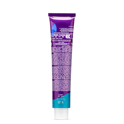 Purple and teal tube of hair dye, shade 1.0 Nero, professional use, made in Italy