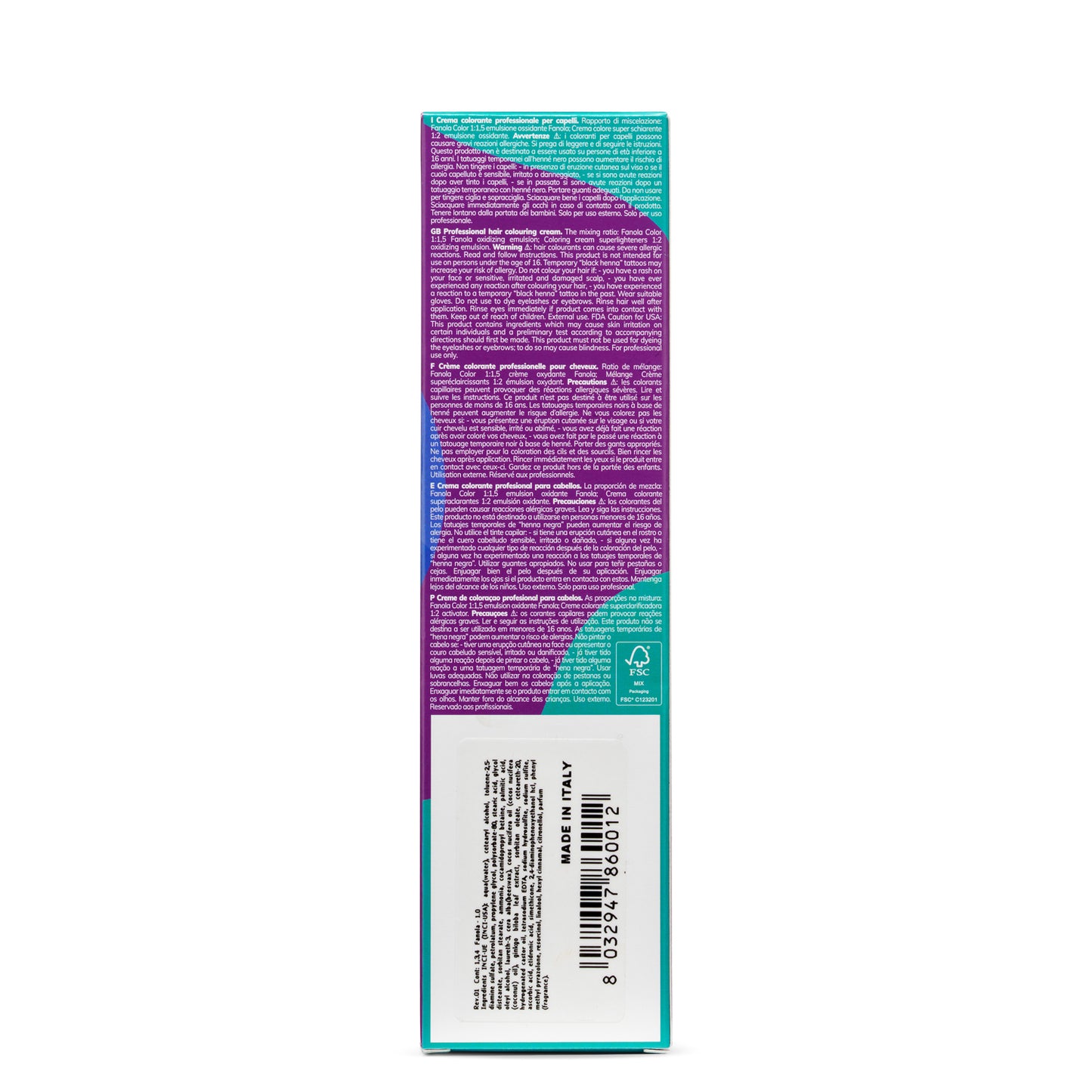 Professional hair color cream box with multilingual instructions, made in Italy, for salon use