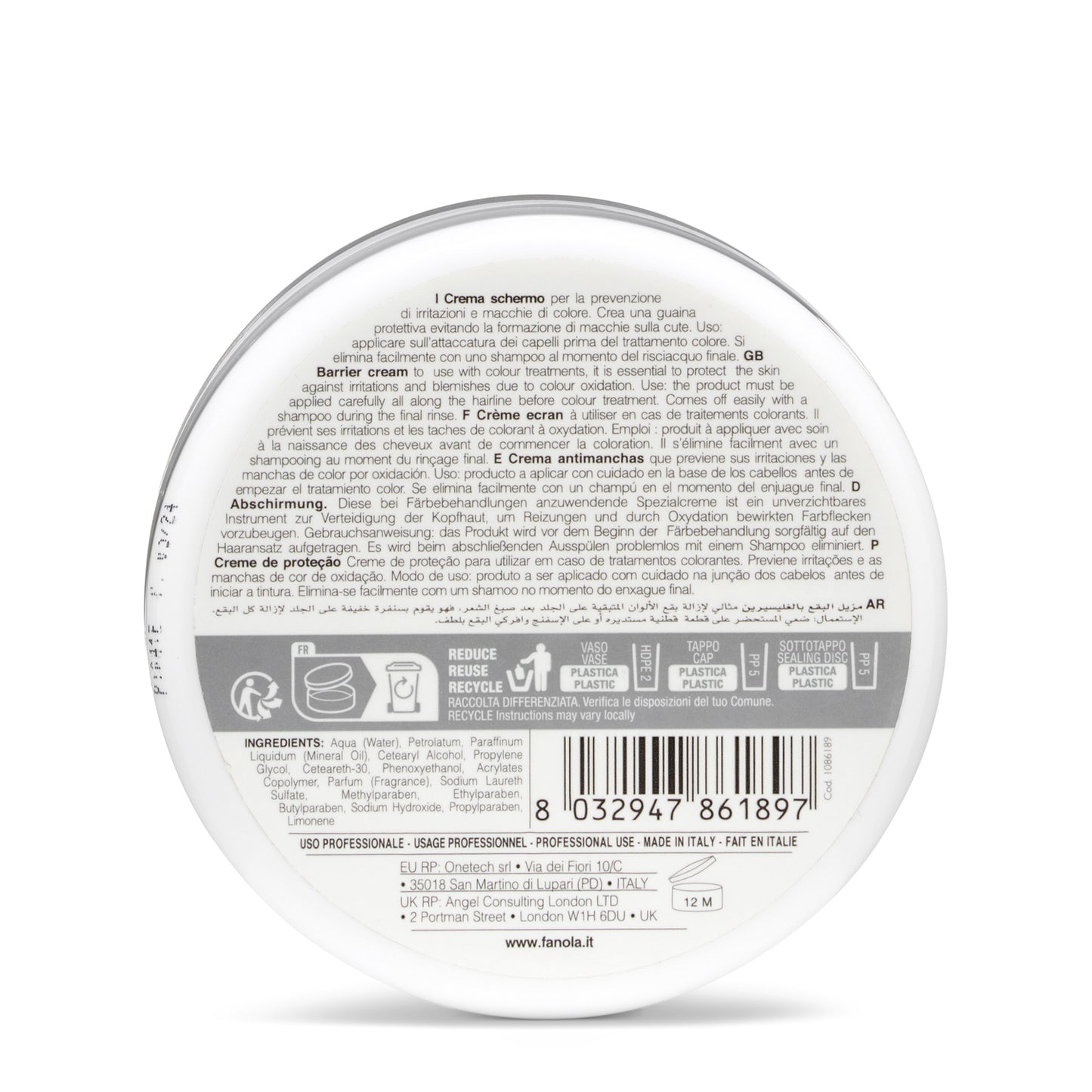Barrier cream for color treatment protection, multi-language label, made in Italy, professional use