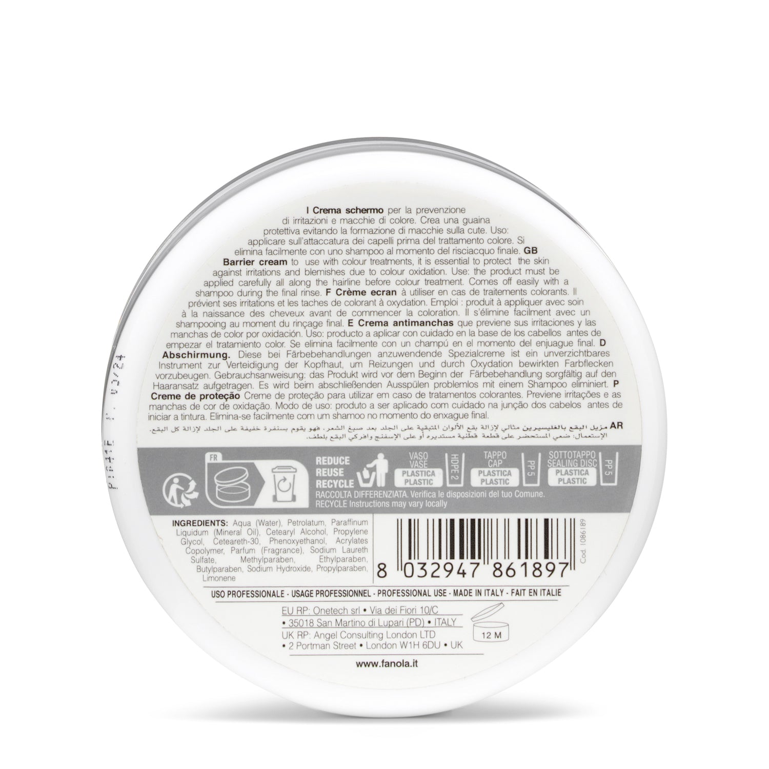 Barrier cream for color treatment protection, multi-language label, made in Italy, professional use