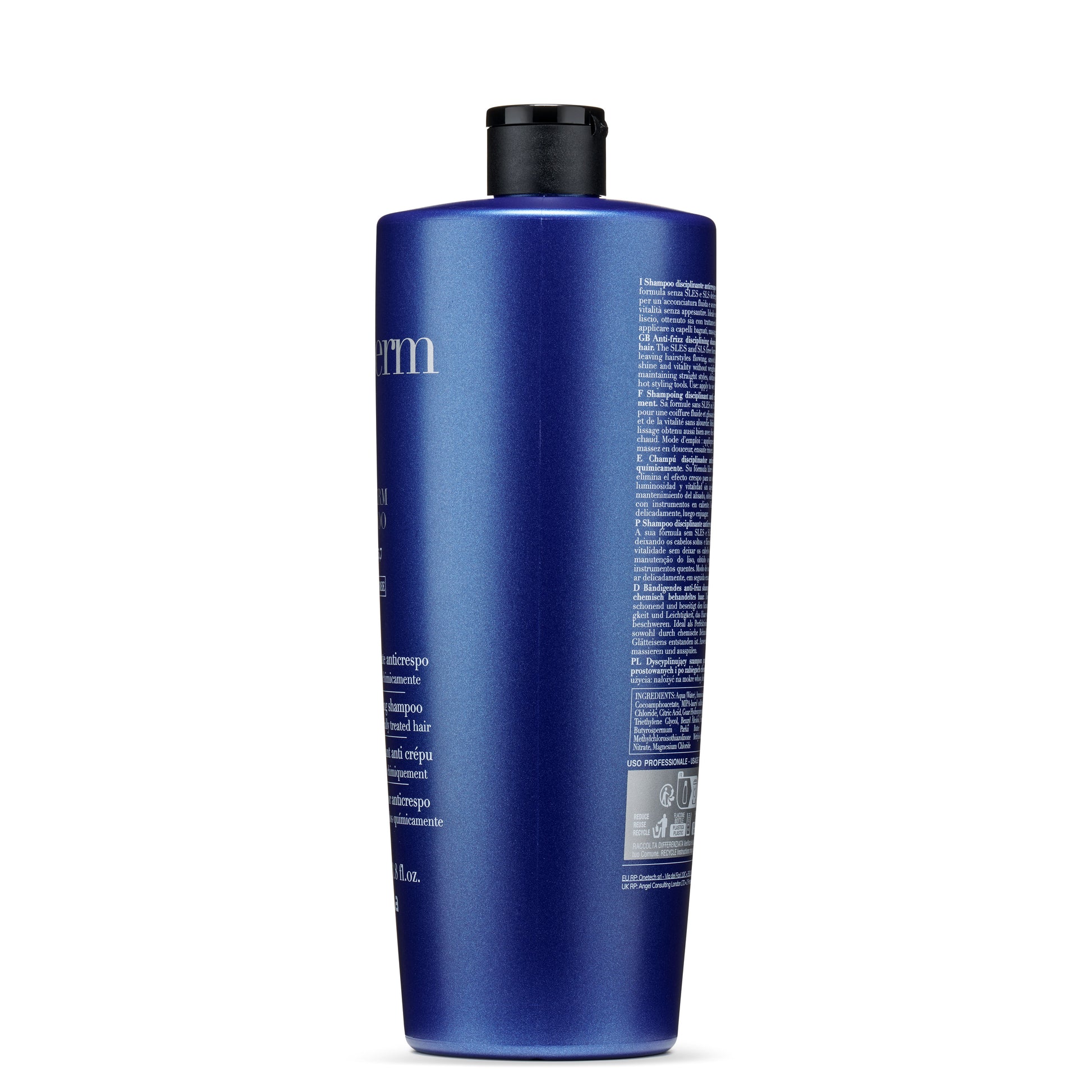 Blue anti-frizz shampoo bottle for chemically treated hair, SLES/SLS-free formula, professional use