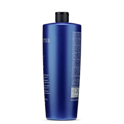 Blue anti-frizz shampoo bottle for chemically treated hair, SLES/SLS-free formula, professional use