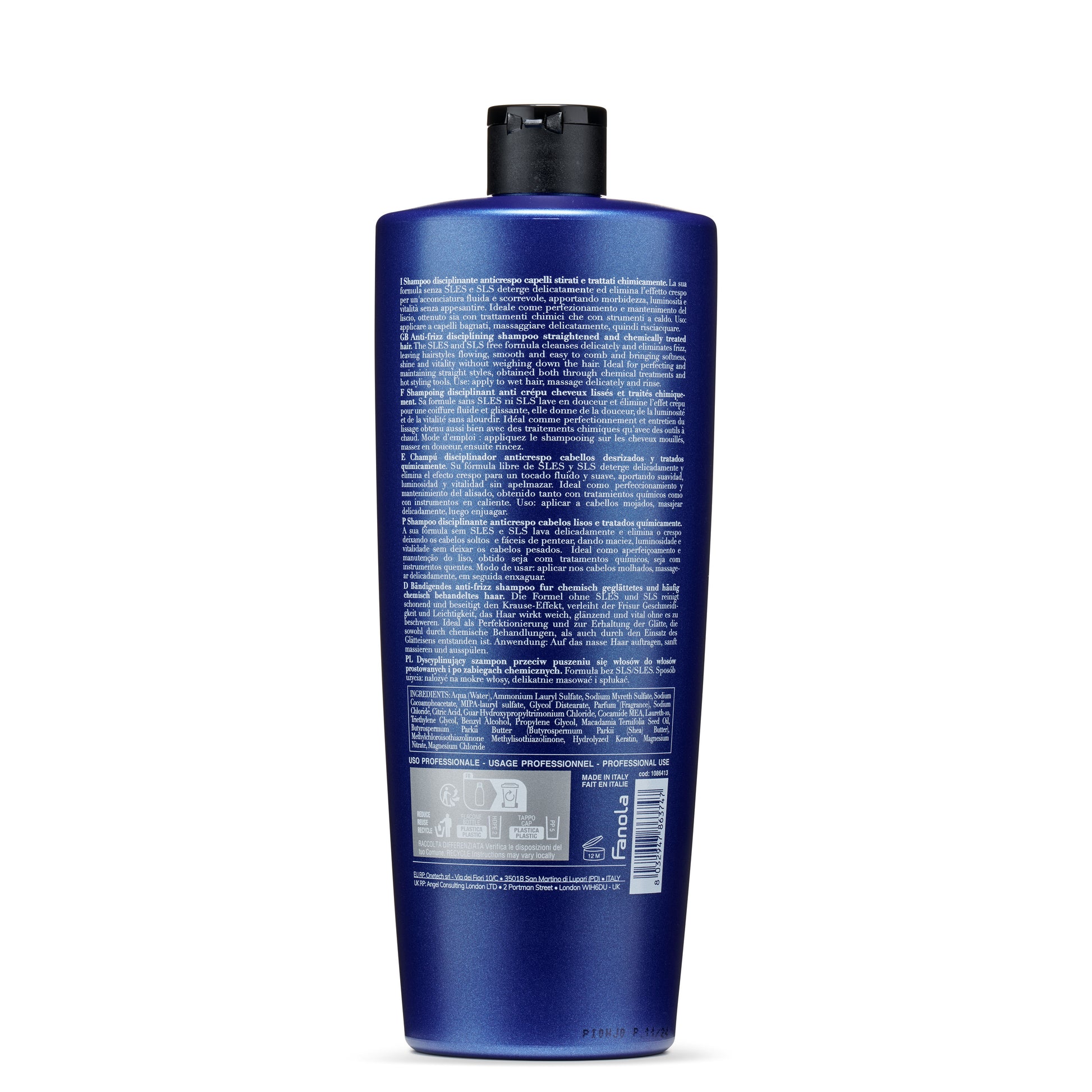 Blue bottle of anti-frizz disciplining shampoo for straightened & chemically treated hair, SLS-free formula