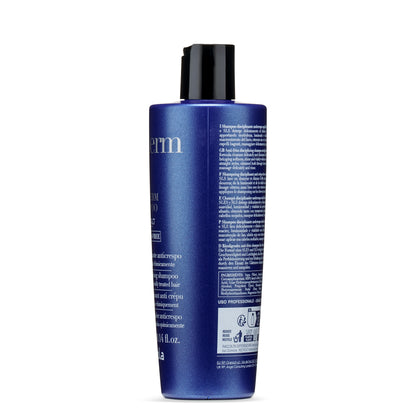 Blue anti-frizz disciplining shampoo bottle for chemically treated hair, SLS-free formula