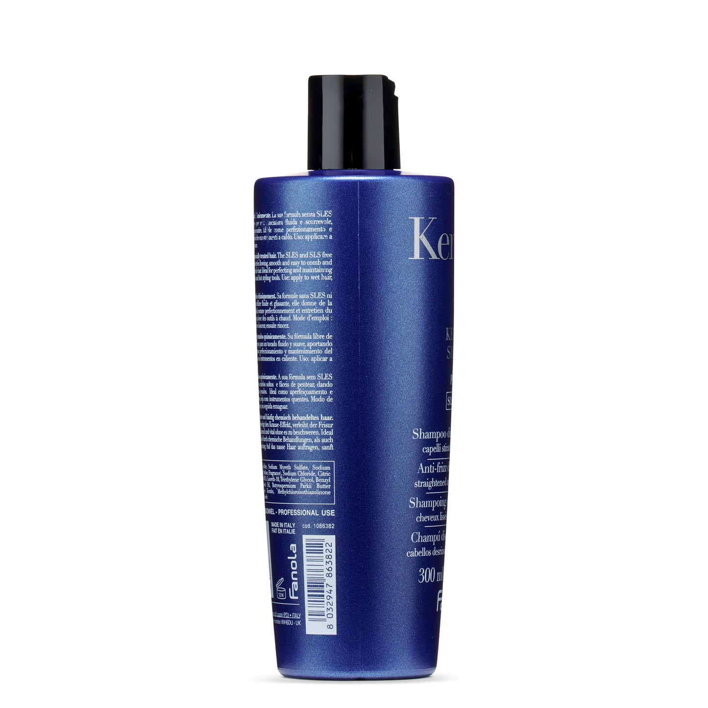 Kerastase anti-frizz shampoo for straightened hair, 300ml, blue bottle with black cap, made in Italy