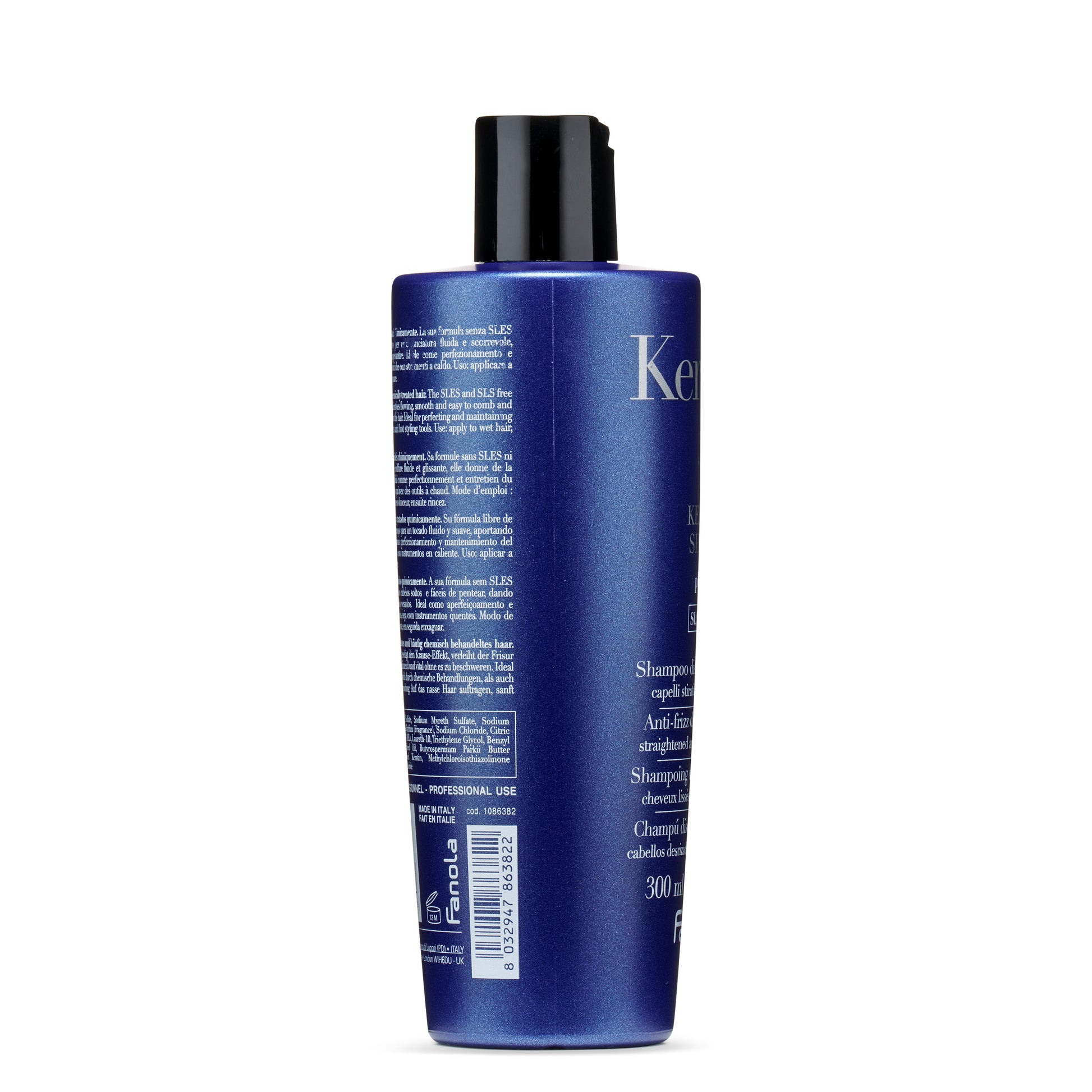 Kerastase anti-frizz shampoo for straightened hair, 300ml, blue bottle with black cap, made in Italy