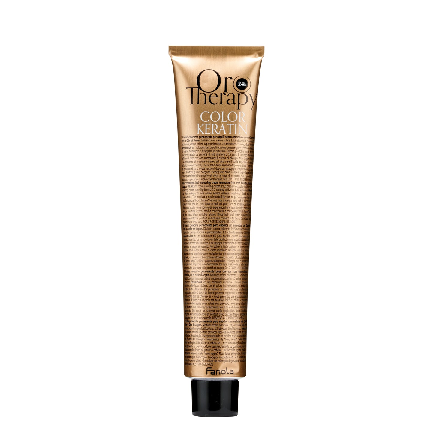 Oro Therapy Color Keratin hair dye tube with gold packaging and black cap, ammonia-free professional formula