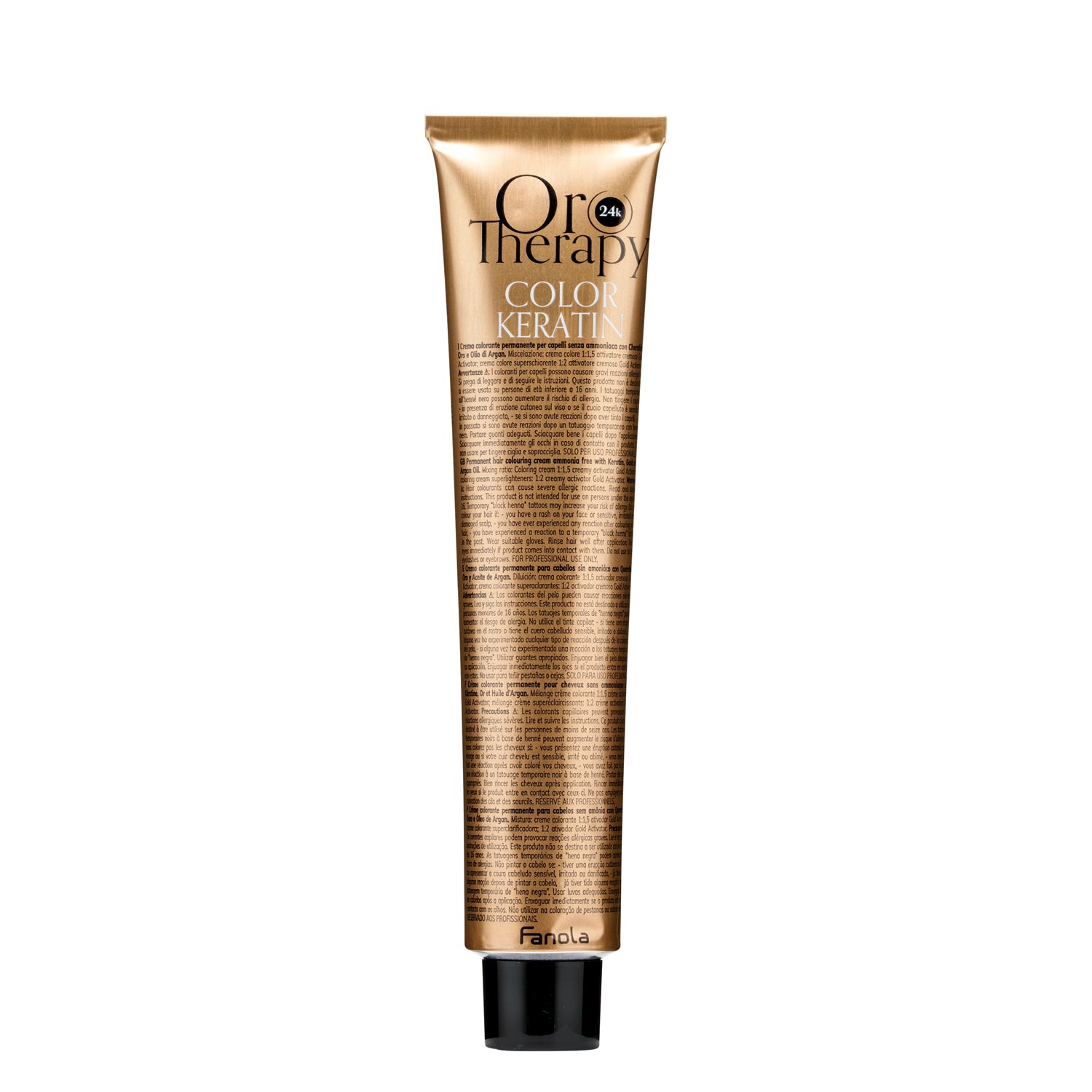 Oro Therapy Color Keratin hair dye tube with gold packaging and black cap, ammonia-free professional formula