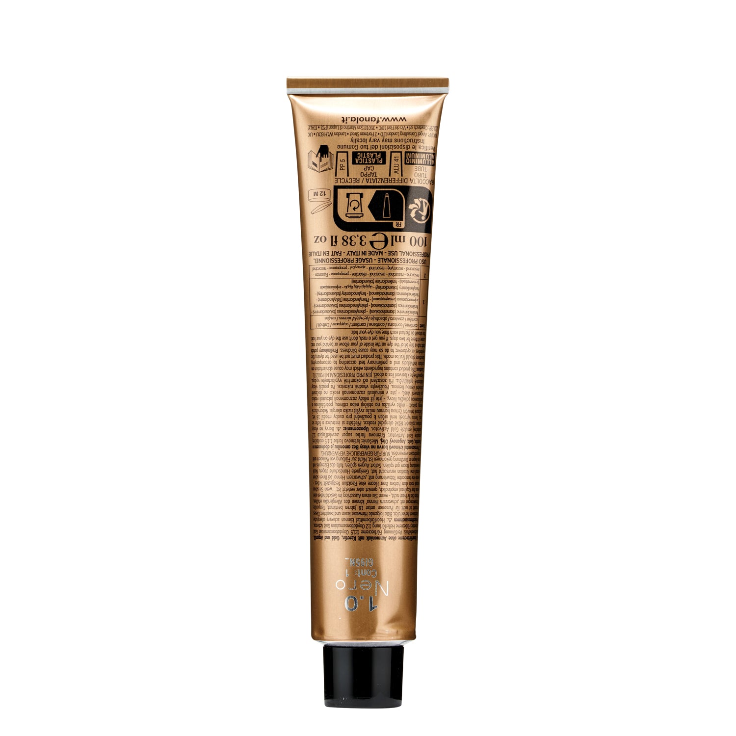 Fanola hair dye tube, 100ml professional color, Nero 1.0 black shade, made in Italy