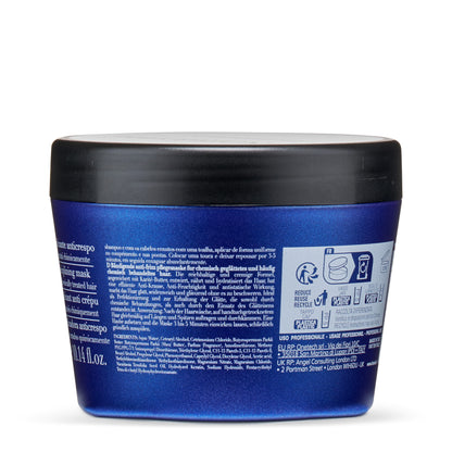 Blue jar of anti-frizz hair mask for chemically treated hair, 10.14 fl.oz., with multilingual label and recycling info