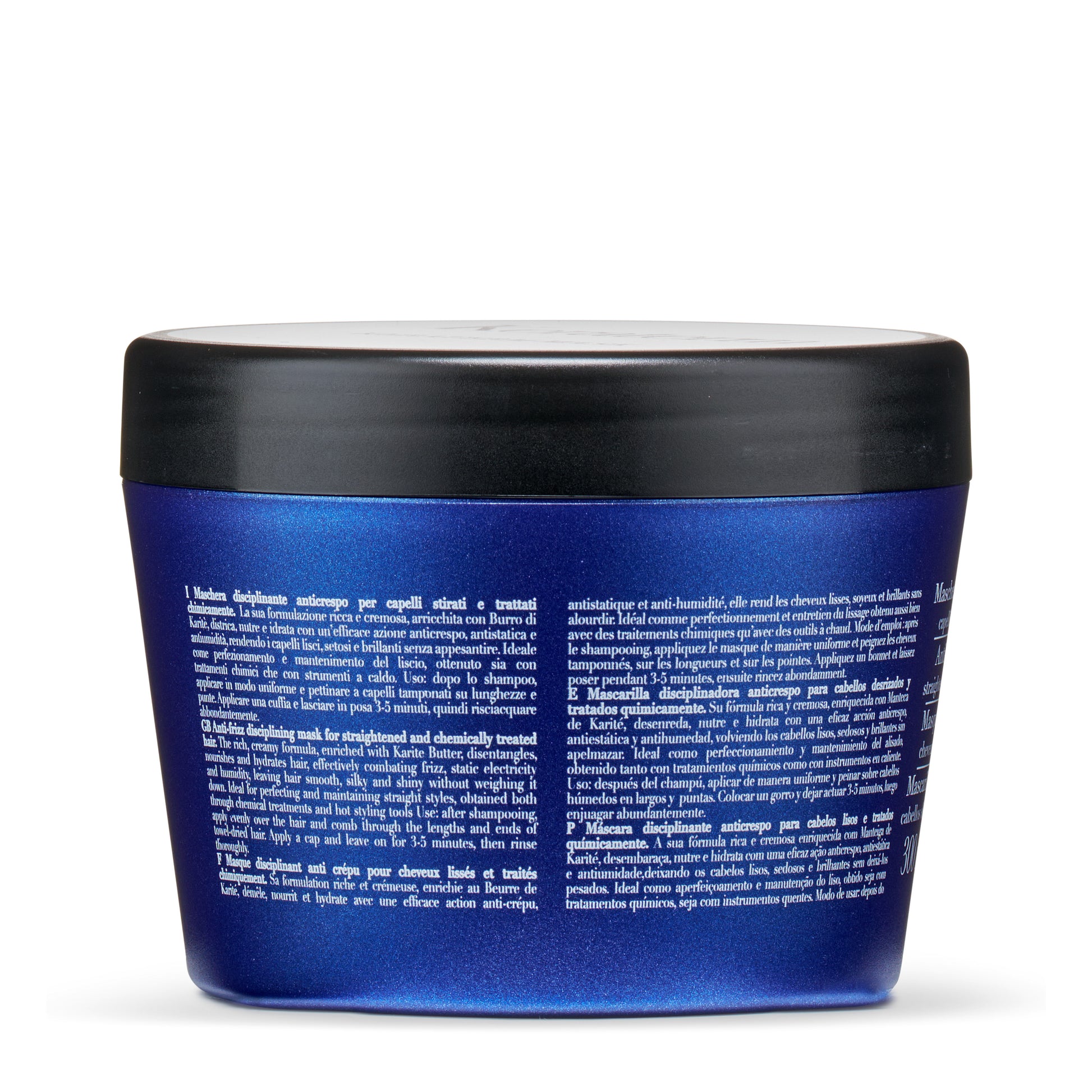 Blue jar of anti-frizz hair mask for straightened & chemically treated hair with Karite Butter