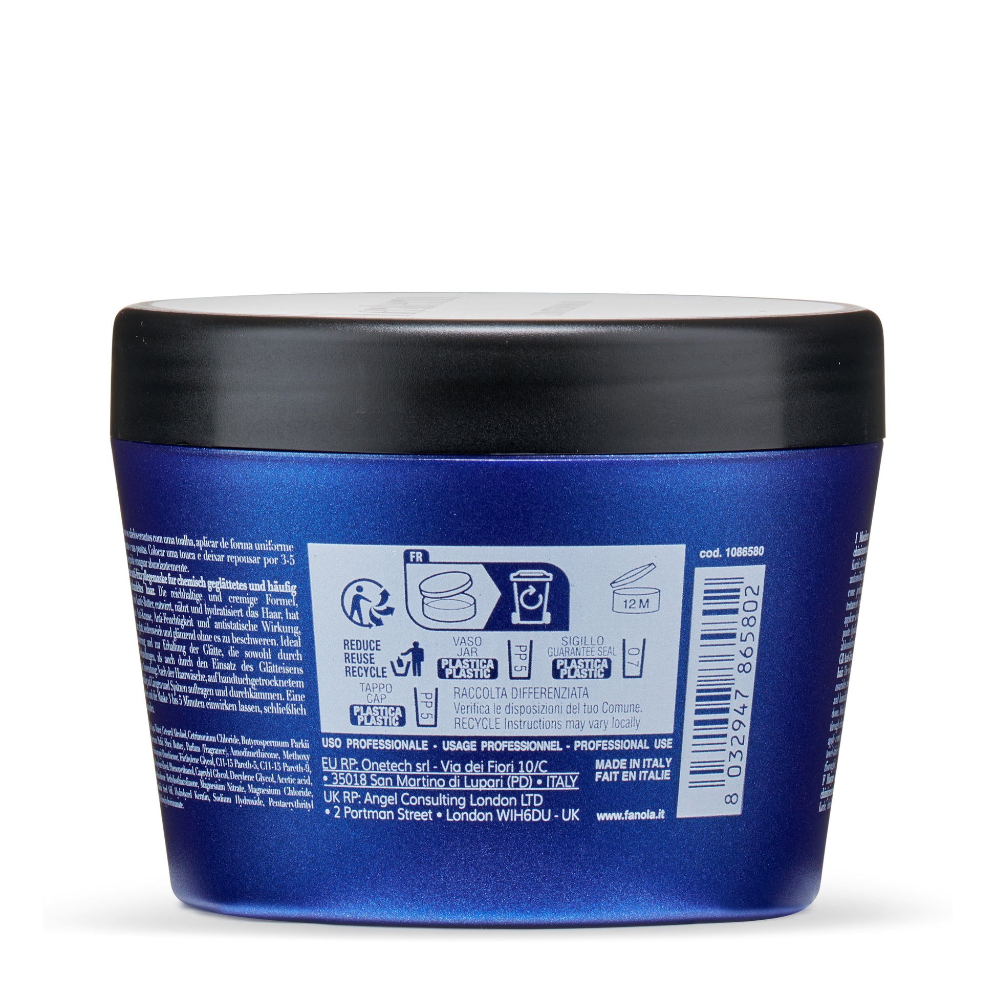 Blue professional hair mask jar with black lid, made in Italy, recyclable packaging, for chemically treated hair care