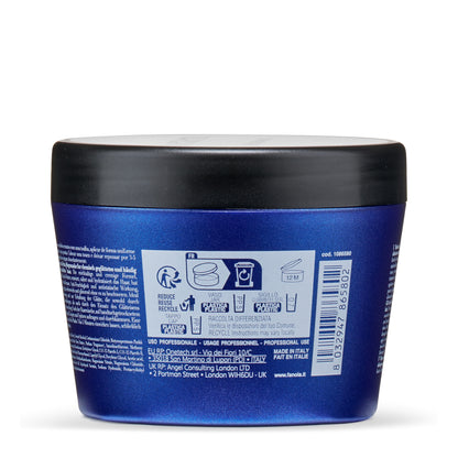Blue professional hair mask jar with black lid, made in Italy, recyclable packaging, for chemically treated hair care