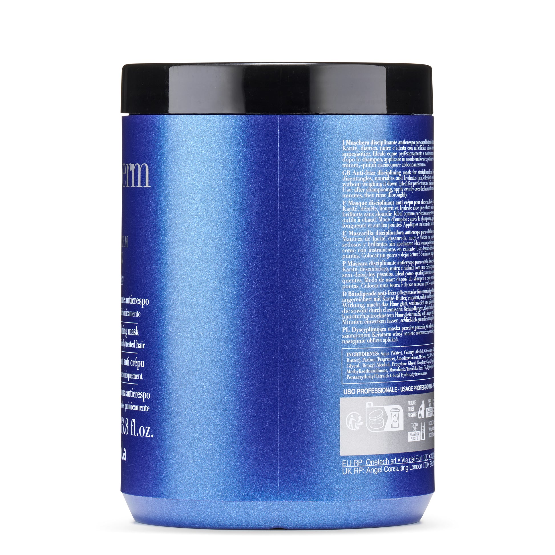Blue jar of anti-frizz hair mask for straightened, nourished, and hydrated hair care