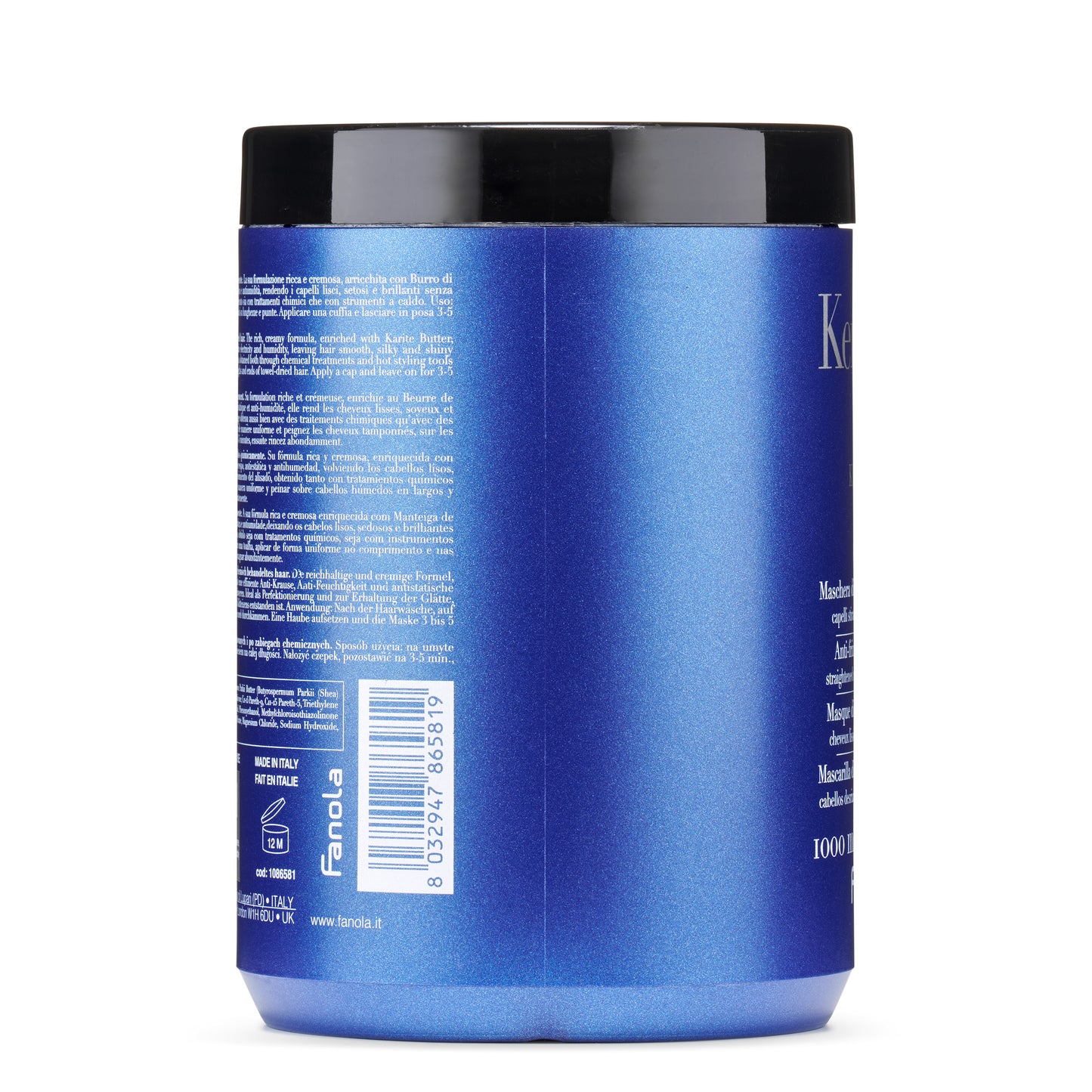 Fanola Keratin Hair Mask 1000ml, blue jar with black lid, anti-frizz treatment for smooth shiny hair