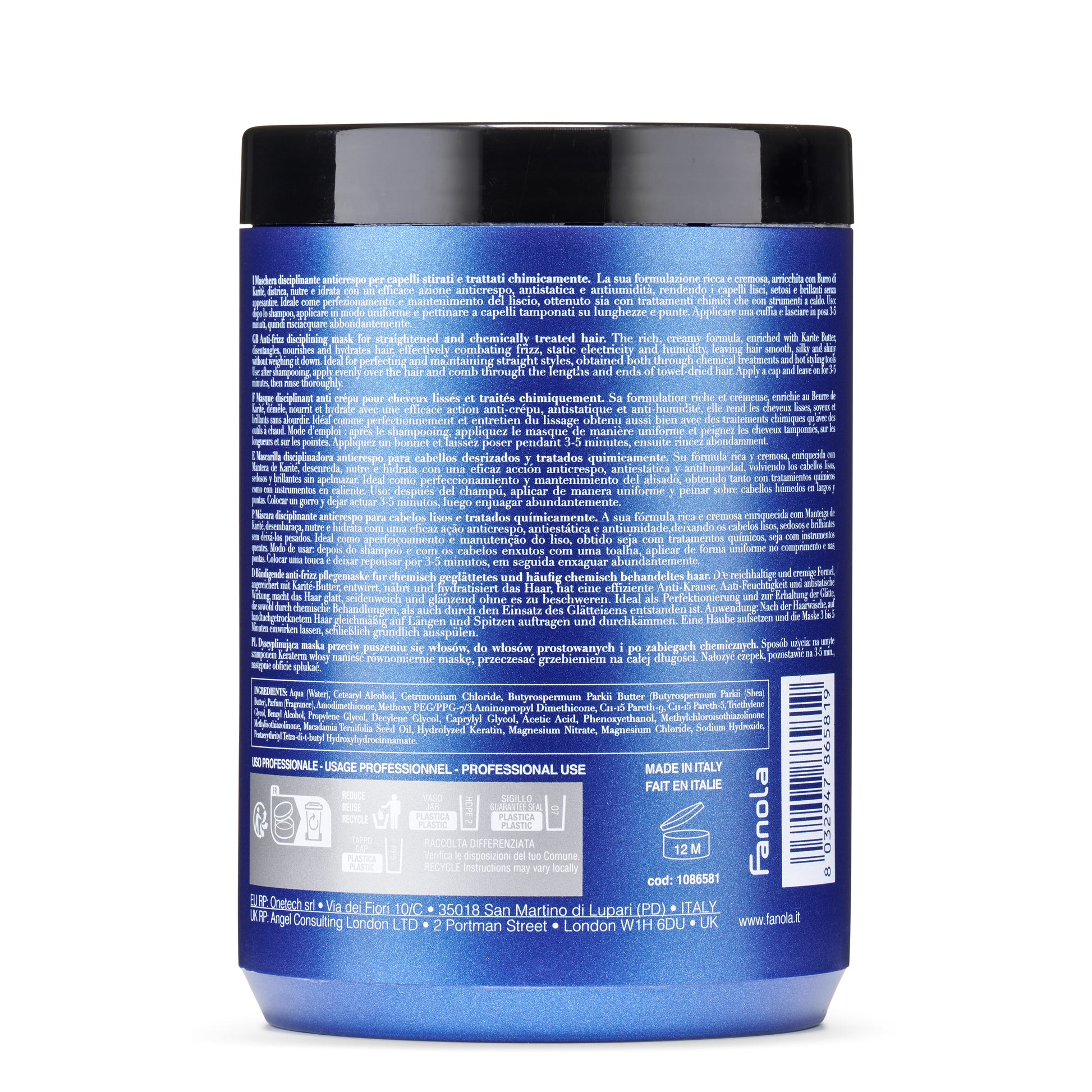 Blue jar of anti-frizz hair mask for chemically treated hair, made in Italy, with multilingual instructions