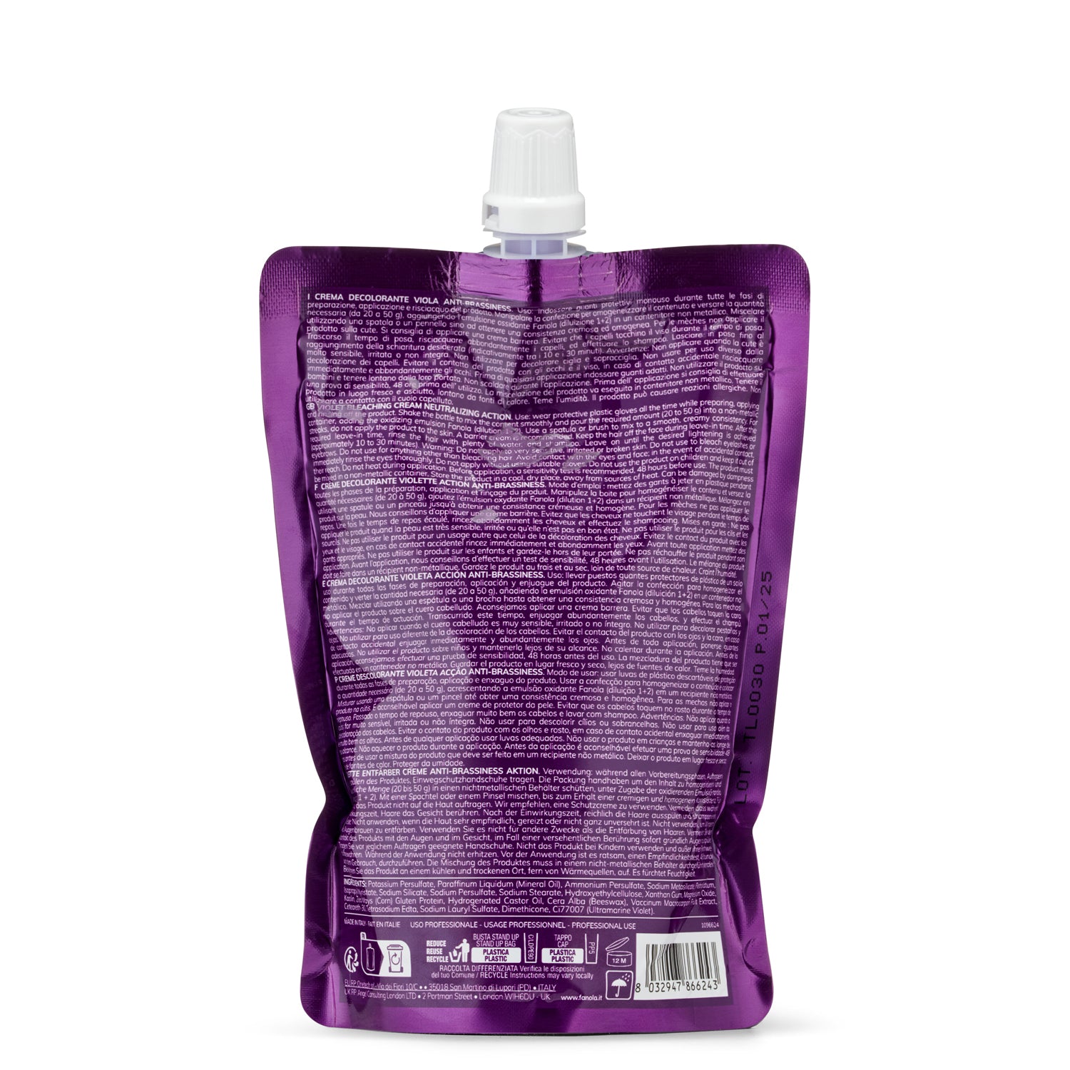 Purple violet hair toning cream pouch with multilingual instructions for anti-brassiness color correction