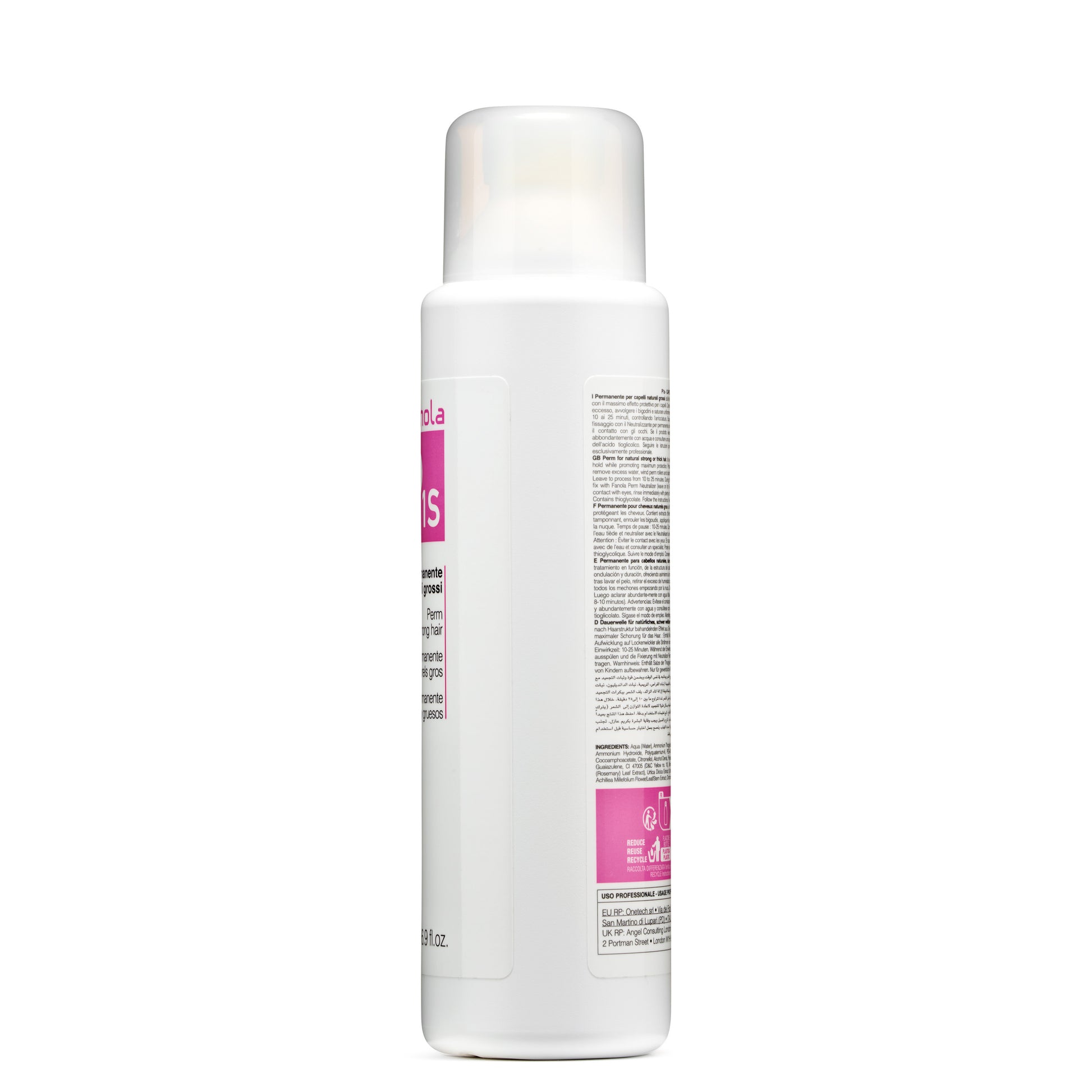 White bottle of Fanola perm solution for thick hair, professional use, with multilingual instructions and pink label details.