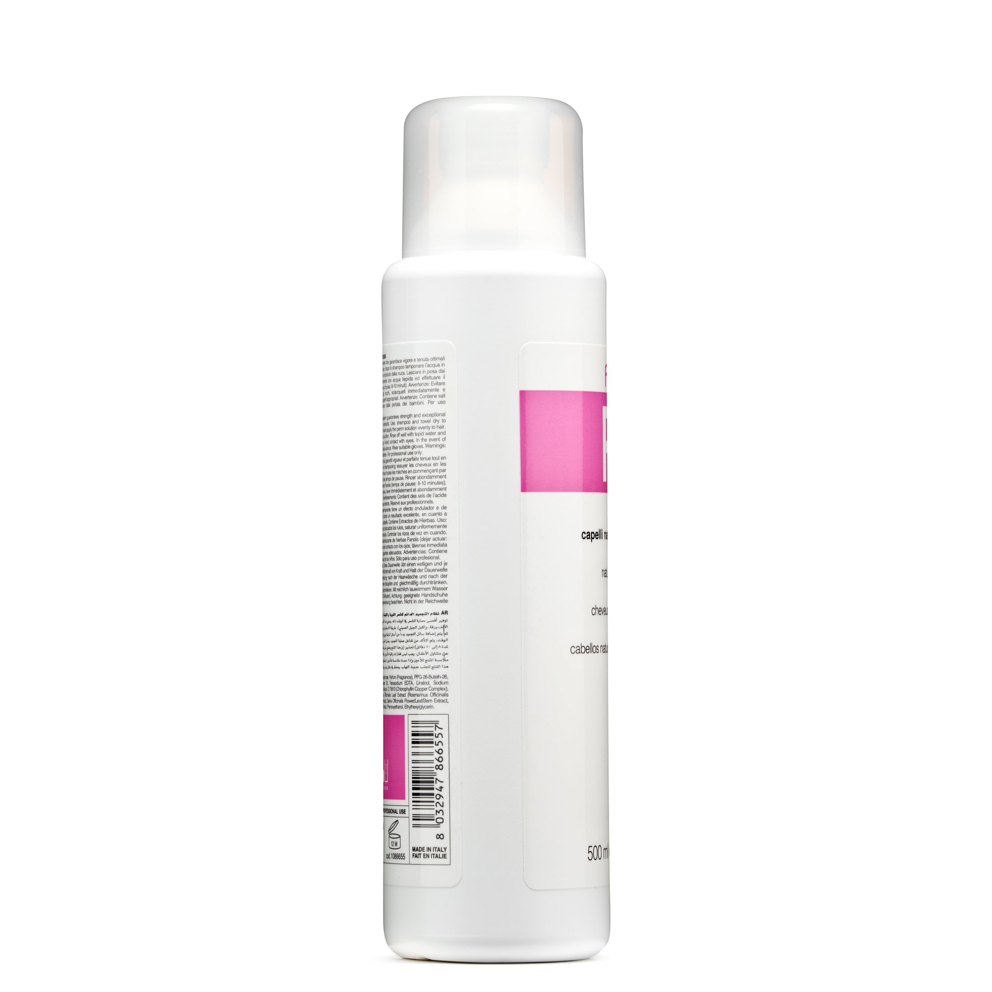White 500ml hair care bottle with pink label, made in Italy, for natural hair treatment