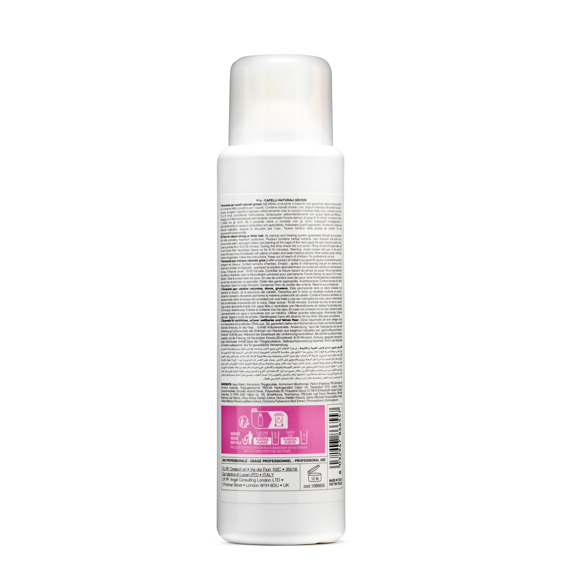 Professional hair perm solution for thick, natural hair with herbal extracts, made in Italy