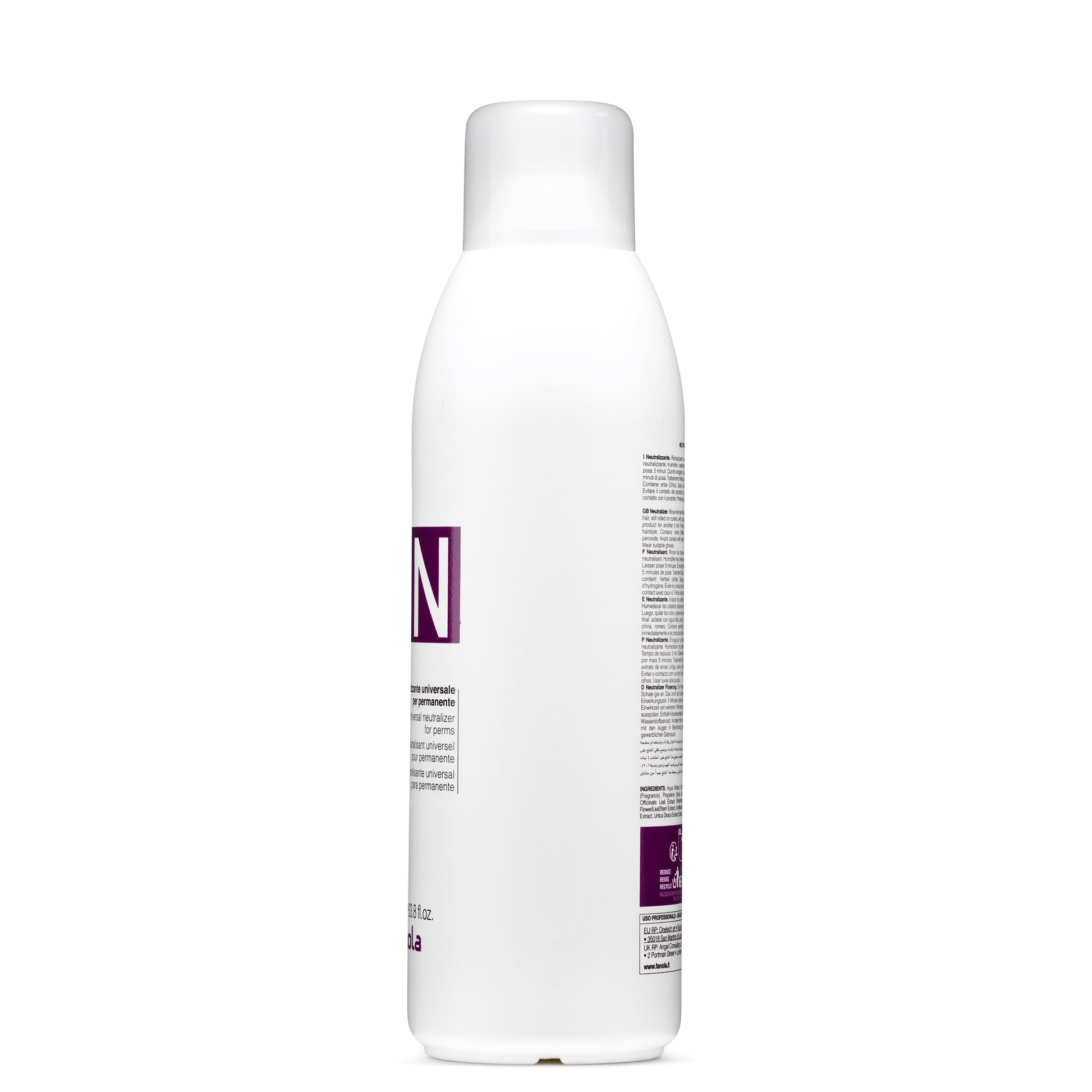 White bottle of universal neutralizer for perms with purple label, professional hair care product