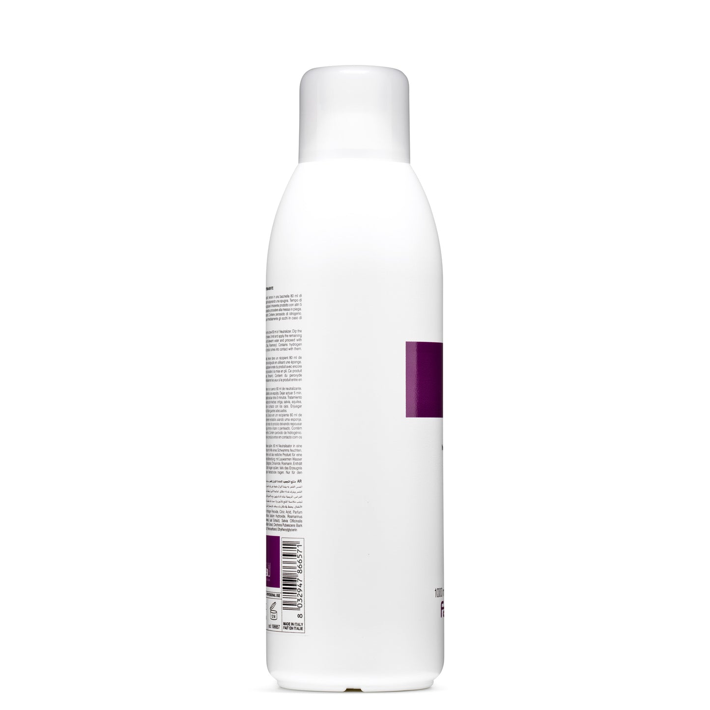 White 1000ml professional hair care bottle with purple label, made in Italy, for salon use