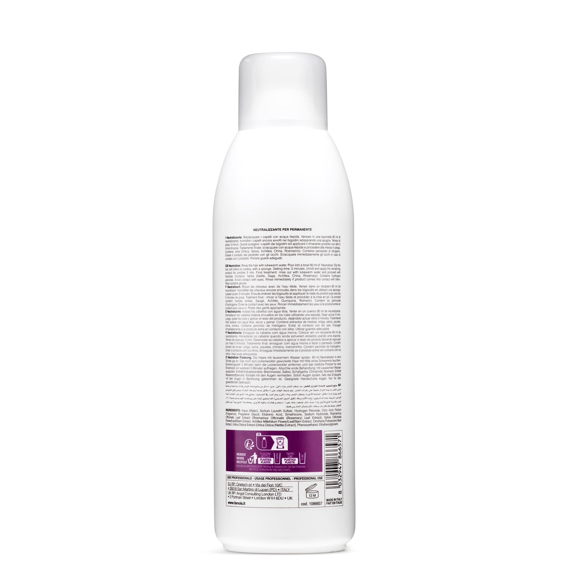 White bottle of permanent hair neutralizer with multilingual instructions, made in Italy for professional use