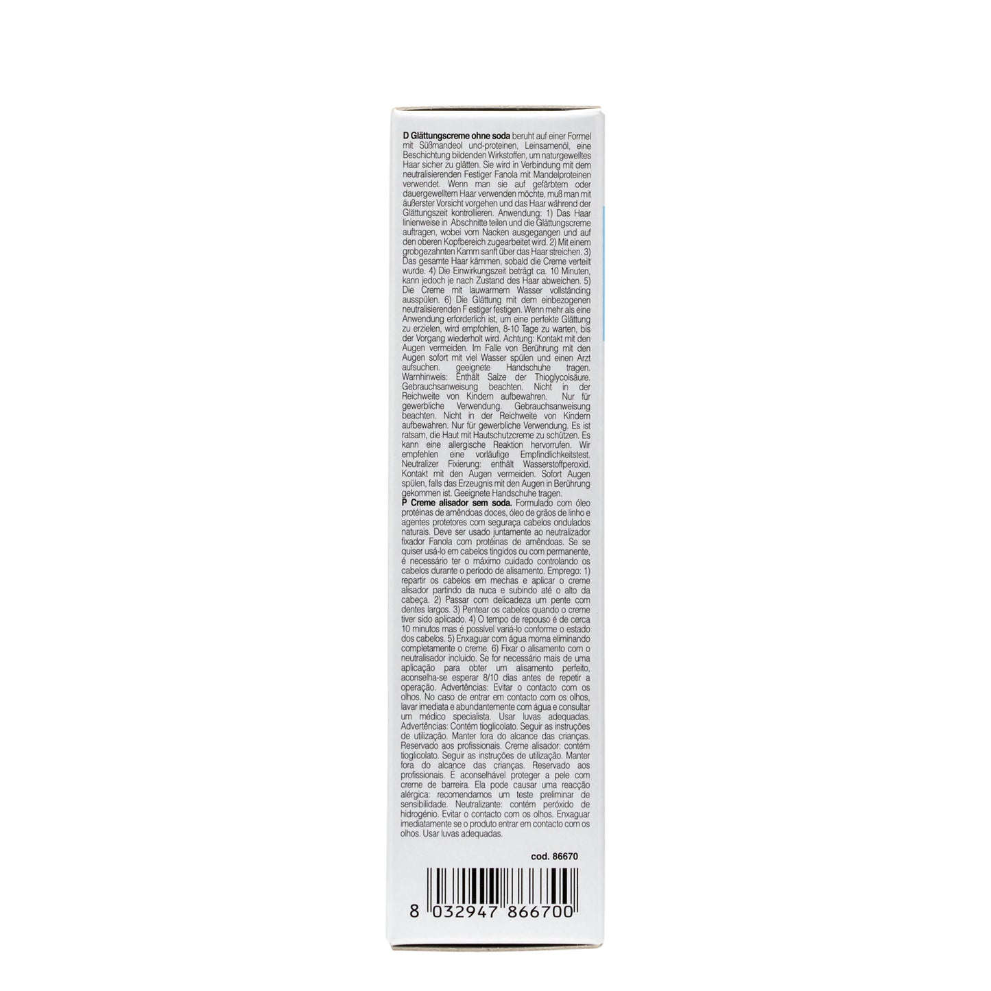 Soda-free hair smoothing cream box with multilingual instructions and barcode, for professional salon use.
