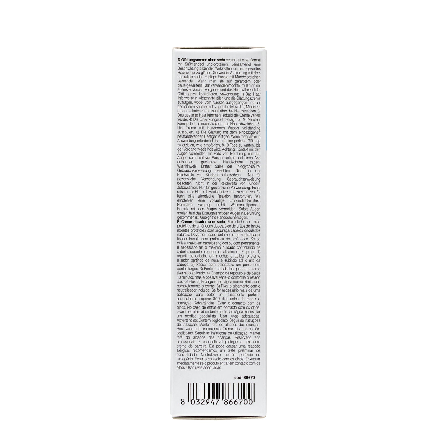 Soda-free hair smoothing cream box with multilingual instructions and barcode, for professional salon use.