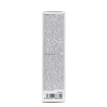 Soda-free hair smoothing cream box with multilingual instructions and barcode, for professional salon use.
