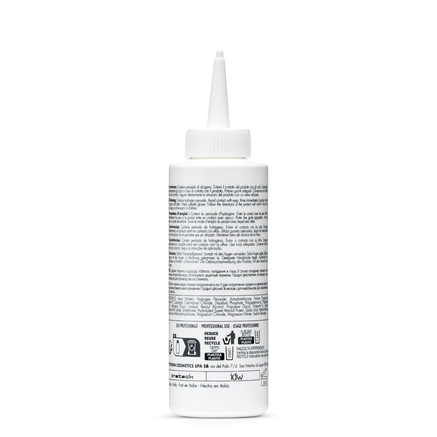Professional hair bleach bottle with multi-language label, hydrogen peroxide, made in Italy