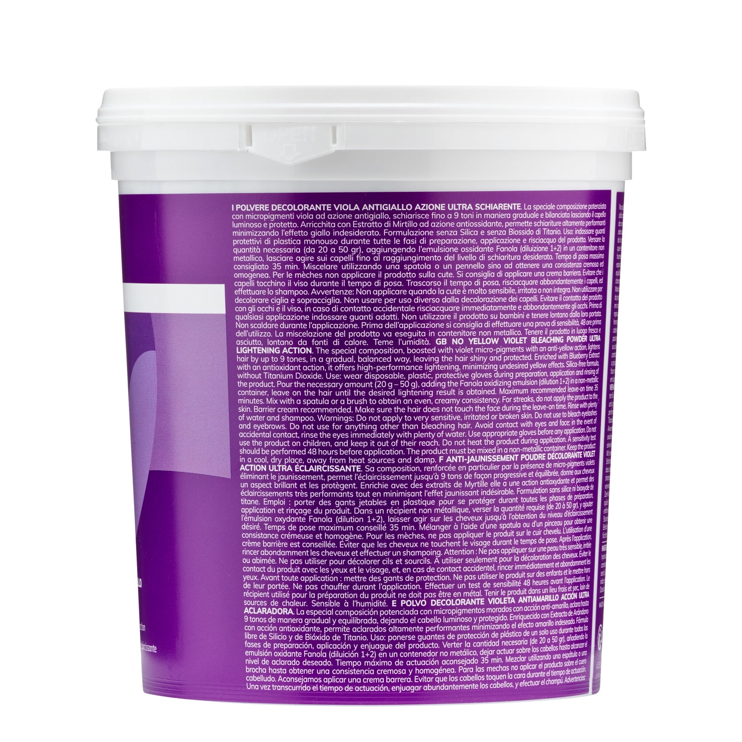 Violet hair bleach powder with anti-yellow action, ultra-lightening formula for salon use