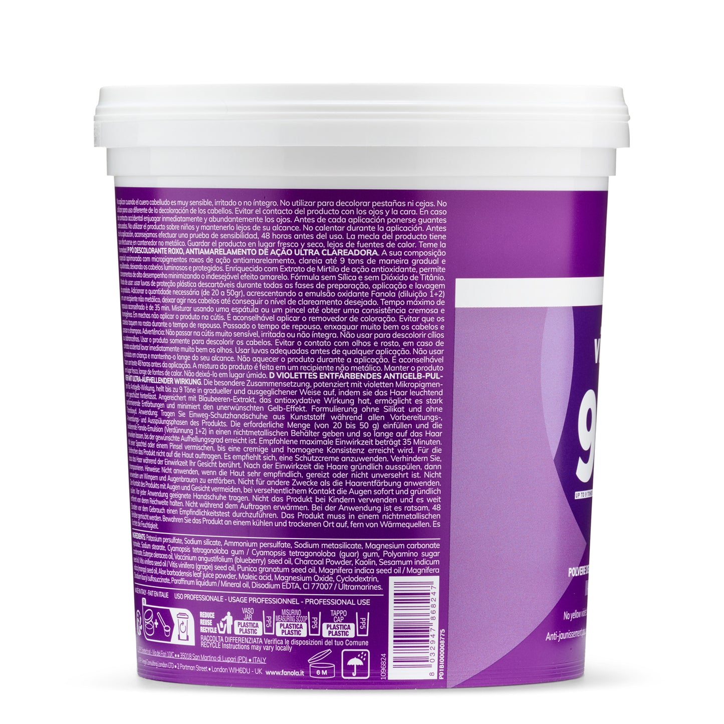 Purple tub of hair lightener powder with multilingual instructions, professional use, anti-yellow tone formula