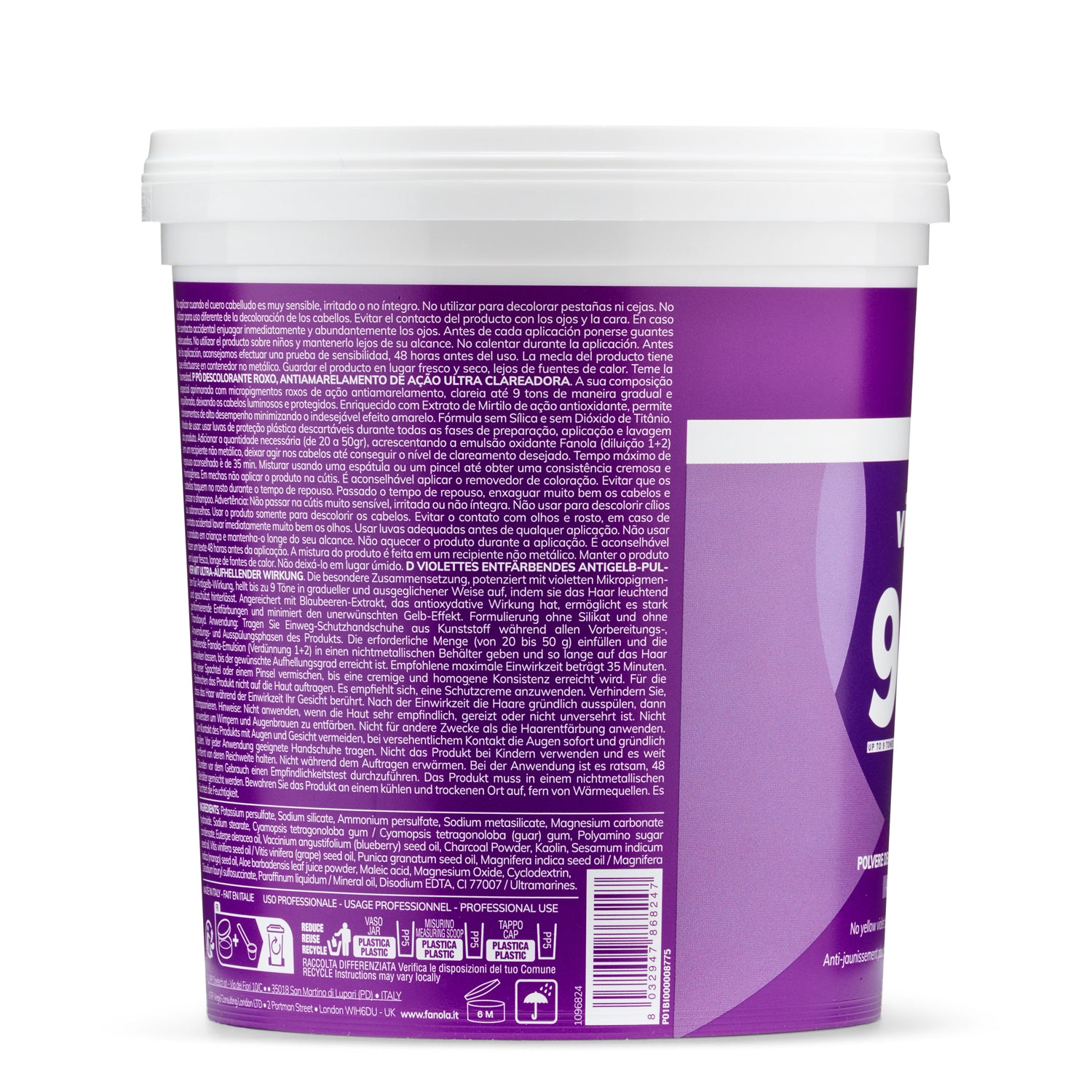 Purple tub of hair lightener powder with multilingual instructions, professional use, anti-yellow tone formula